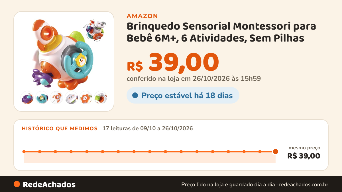Histórico de preço de Brinquedo Sensorial Montessori para Bebê 6M+, 6 Atividades, Sem Pilhas | ABS resistente •… na Amazon: 16 leituras de 09/10/2026 a 25/10/2026, mesmo preço, R$ 39,00, em todas; R$ 39,00 conferido em 25/10/2026 às 09h57
