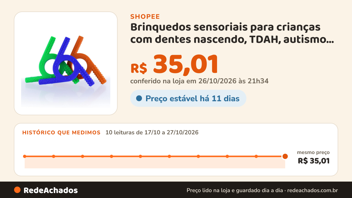 Histórico de preço de Brinquedos sensoriais para crianças com dentes nascendo, TDAH, autismo, necessidades de… na Shopee: 10 leituras de 17/10/2026 a 27/10/2026, mesmo preço, R$ 35,01, em todas; R$ 35,01 conferido em 26/10/2026 às 21h34