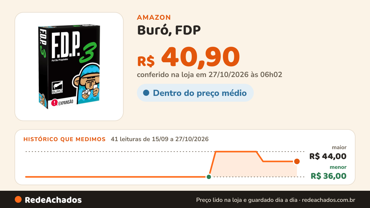 Histórico de preço de Buró, FDP - Foi de Propósito 3, Expansão na Amazon: 40 leituras de 15/09/2026 a 25/10/2026, menor R$ 36,00, maior R$ 44,00