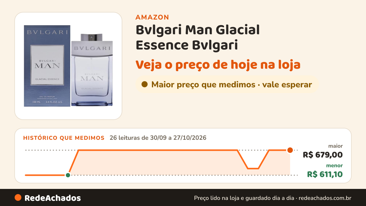 Histórico de preço de Bvlgari Man Glacial Essence Bvlgari – Perfume Masculino EDP 100ml na Amazon: 25 leituras de 30/09/2026 a 26/10/2026, menor R$ 611,10, maior R$ 679,00; R$ 679,00 conferido em 26/10/2026 às 05h59