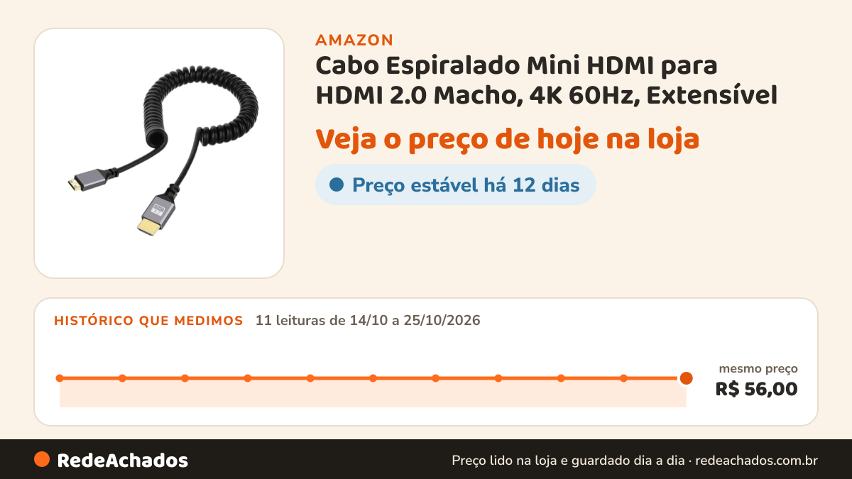 Histórico de preço de Cabo Espiralado Mini HDMI para HDMI 2.0 Macho, 4K 60Hz, Extensível na Amazon: 11 leituras de 14/10/2026 a 25/10/2026, mesmo preço, R$ 56,00, em todas