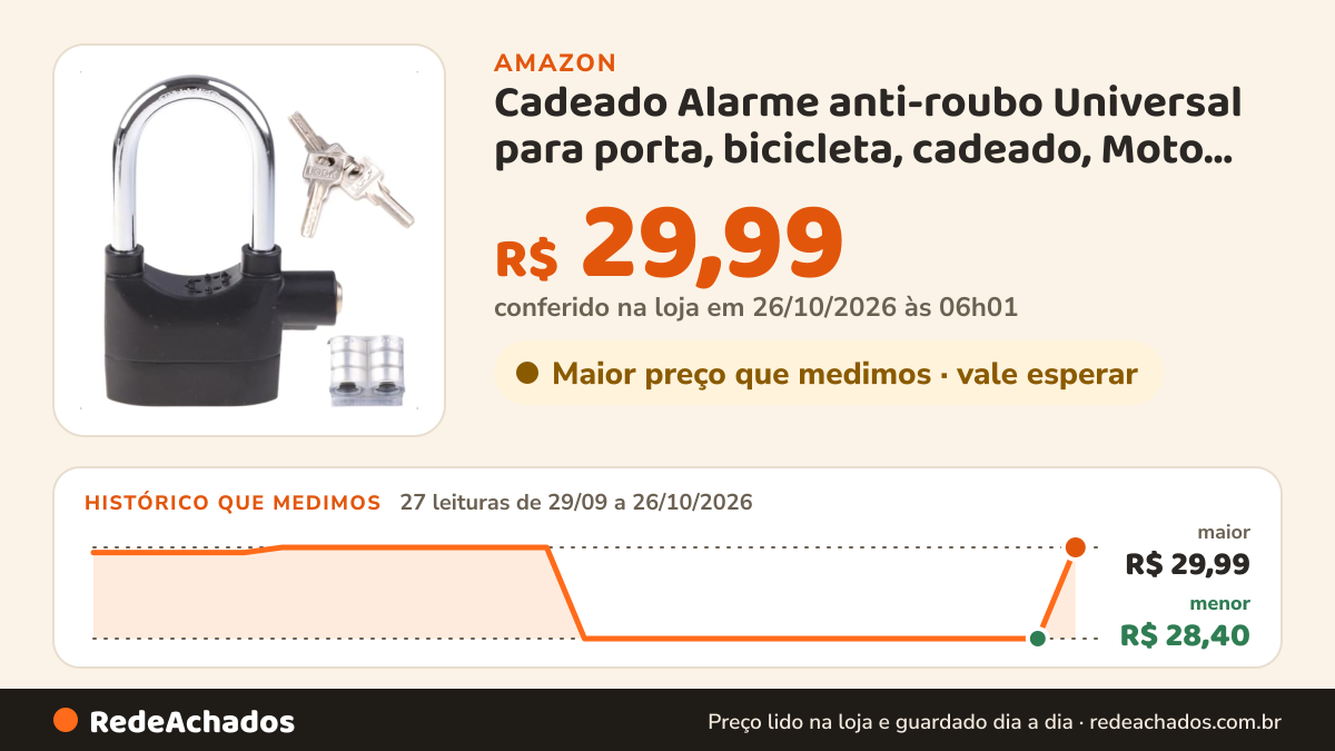 Histórico de preço de Cadeado Alarme anti-roubo Universal para porta, bicicleta, cadeado, Moto, portão na Amazon: 27 leituras de 29/09/2026 a 26/10/2026, menor R$ 28,40, maior R$ 29,99; R$ 29,99 conferido em 26/10/2026 às 06h01
