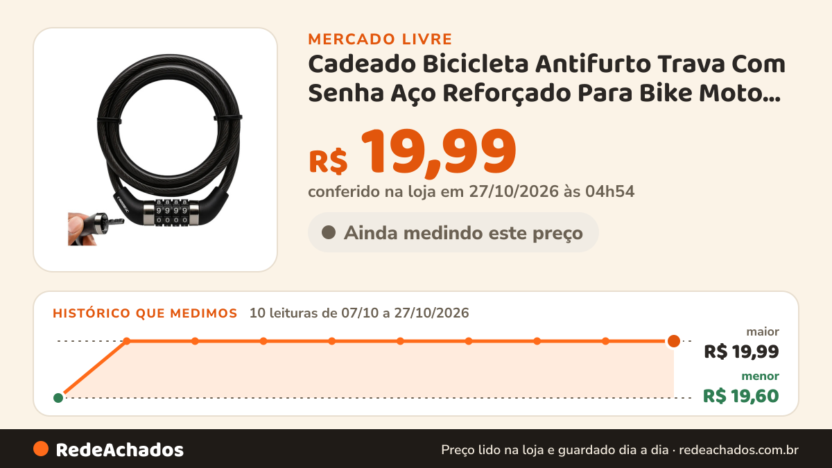 Histórico de preço de Cadeado Bicicleta Antifurto Trava Com Senha Aço Reforçado Para Bike Moto Corrente Portão… no Mercado Livre: 10 leituras de 07/10/2026 a 27/10/2026, menor R$ 19,60, maior R$ 19,99; R$ 19,99 conferido em 27/10/2026 às 04h54