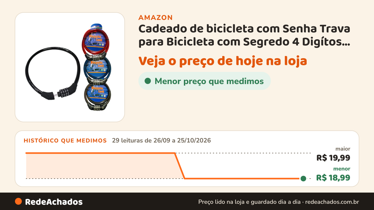 Histórico de preço de Cadeado de bicicleta com Senha Trava para Bicicleta com Segredo 4 Digítos Tamanho 60cm na Amazon: 29 leituras de 26/09/2026 a 25/10/2026, menor R$ 18,99, maior R$ 19,99