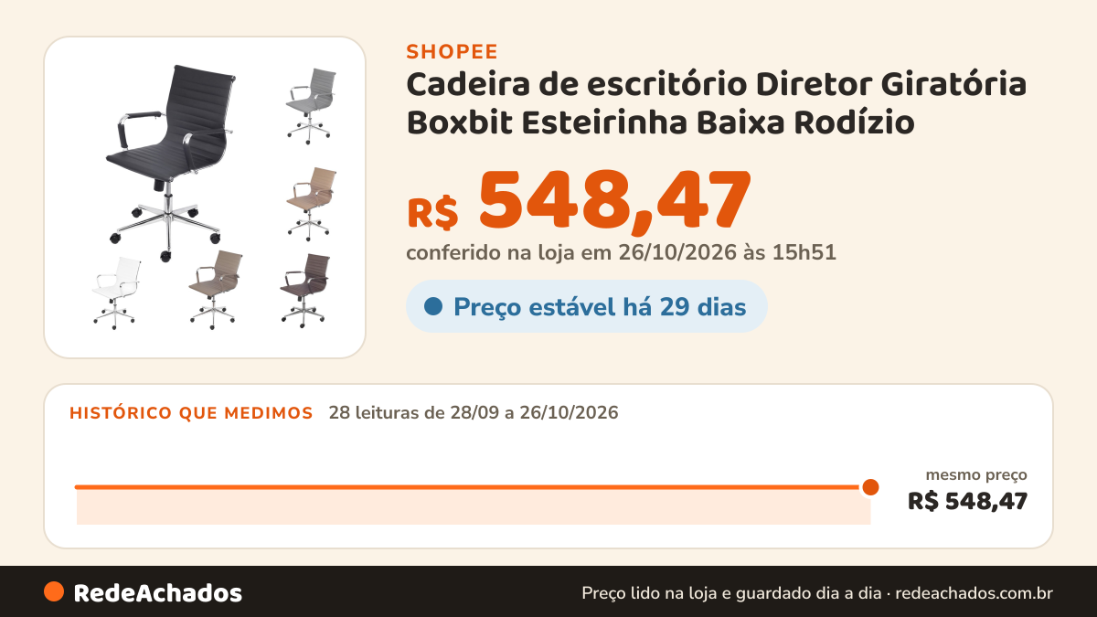 Histórico de preço de Cadeira de escritório Diretor Giratória Boxbit Esteirinha Baixa Rodízio na Shopee: 28 leituras de 28/09/2026 a 26/10/2026, mesmo preço, R$ 548,47, em todas; R$ 548,47 conferido em 26/10/2026 às 15h51