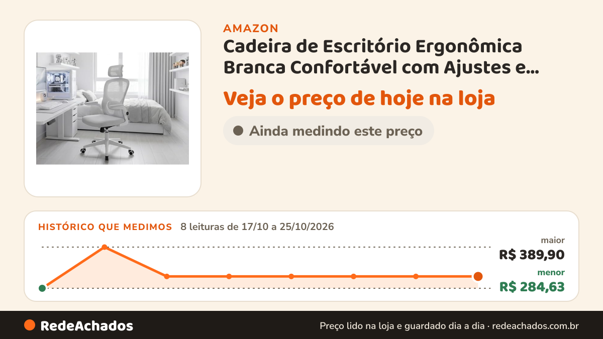 Histórico de preço de Cadeira de Escritório Ergonômica Branca Confortável com Ajustes e Rodinhas na Amazon: 8 leituras de 17/10/2026 a 25/10/2026, menor R$ 284,63, maior R$ 389,90