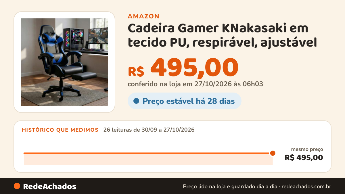 Histórico de preço de Cadeira Gamer KNakasaki em tecido PU, respirável, ajustável (Azul) na Amazon: 25 leituras de 30/09/2026 a 25/10/2026, mesmo preço, R$ 495,00, em todas