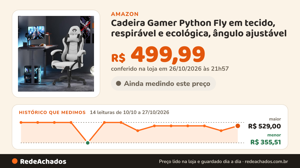 Histórico de preço de Cadeira Gamer Python Fly em tecido, respirável e ecológica, ângulo ajustável (Cinza Claro) na Amazon: 14 leituras de 10/10/2026 a 27/10/2026, menor R$ 355,51, maior R$ 529,00; R$ 499,99 conferido em 26/10/2026 às 21h57