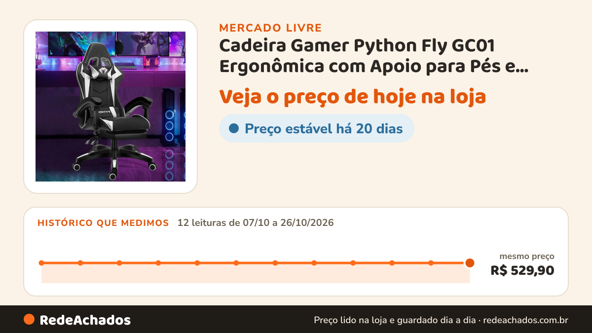 Histórico de preço de Cadeira Gamer Python Fly GC01 Ergonômica com Apoio para Pés e Encosto Reclinável até 150kg no Mercado Livre: 12 leituras de 07/10/2026 a 26/10/2026, mesmo preço, R$ 529,90, em todas