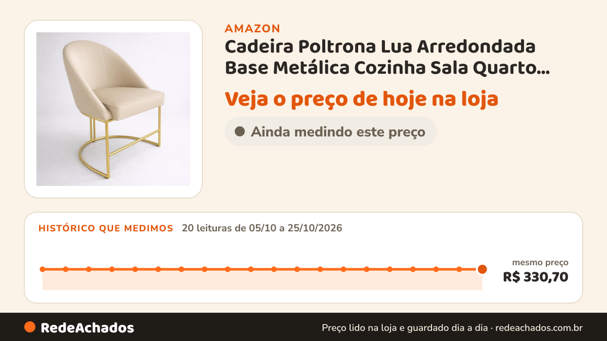 Histórico de preço de Cadeira Poltrona Lua Arredondada Base Metálica Cozinha Sala Quarto Recepção Móvel Interior… na Amazon: 20 leituras de 05/10/2026 a 25/10/2026, mesmo preço, R$ 330,70, em todas