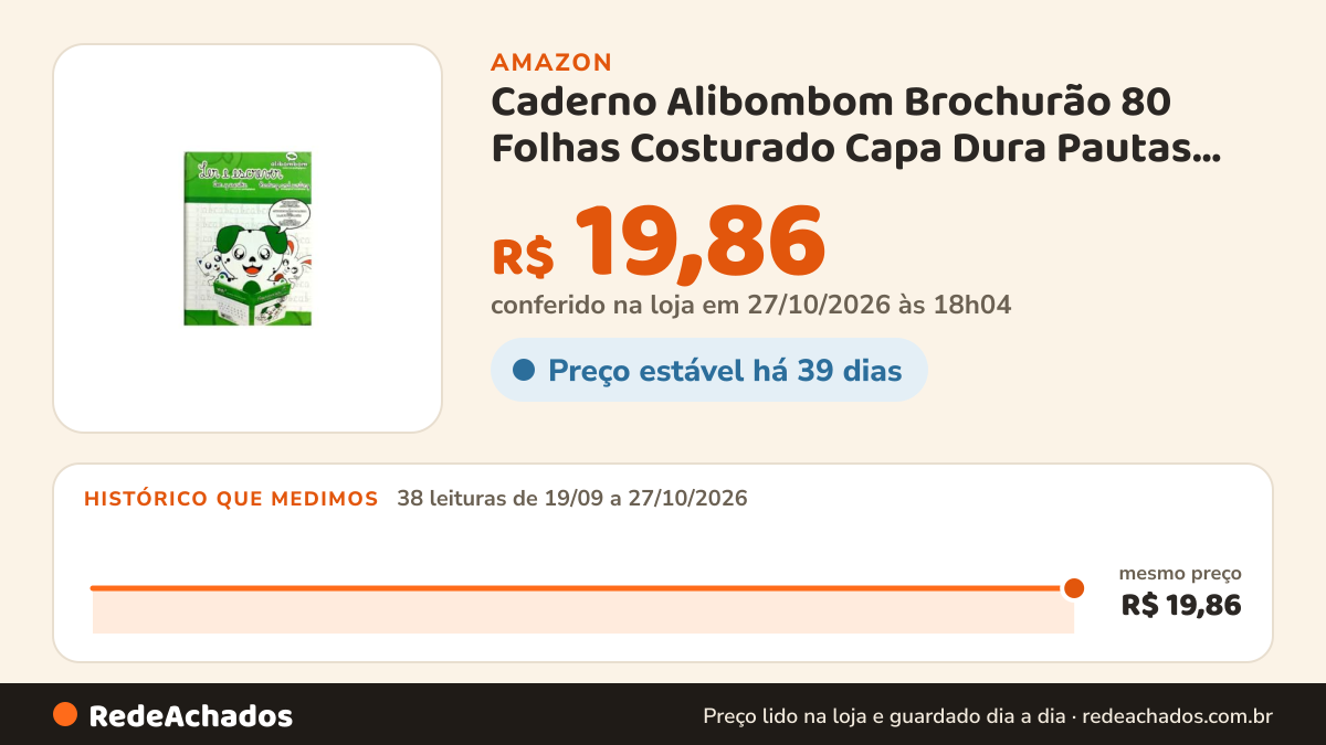 Histórico de preço de Caderno Alibombom Brochurão 80 Folhas Costurado Capa Dura Pautas Numeradas 123, Papel… na Amazon: 37 leituras de 19/09/2026 a 26/10/2026, mesmo preço, R$ 19,86, em todas; R$ 19,86 conferido em 26/10/2026 às 12h01