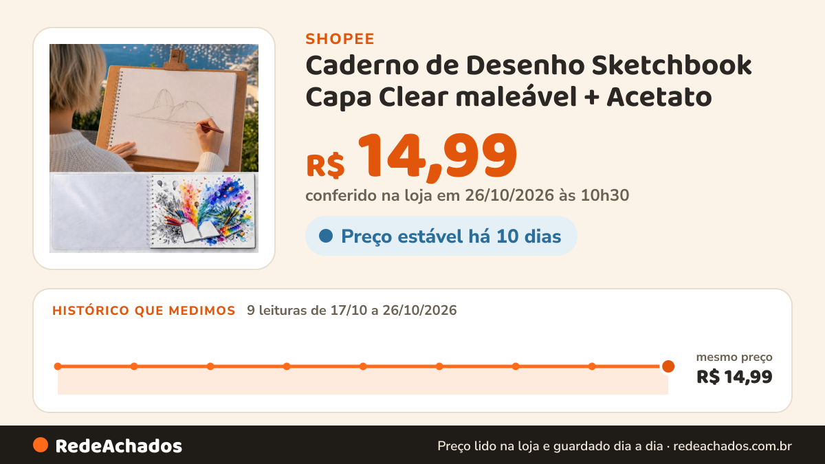 Histórico de preço de Caderno de Desenho Sketchbook Capa Clear maleável + Acetato | A6 A5 A4 | 50 Folhas… na Shopee: 9 leituras de 17/10/2026 a 26/10/2026, mesmo preço, R$ 14,99, em todas; R$ 14,99 conferido em 26/10/2026 às 10h30