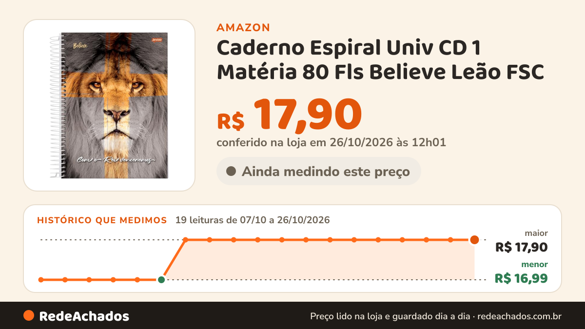 Histórico de preço de Caderno Espiral Univ CD 1 Matéria 80 Fls Believe Leão FSC - Jandaia na Amazon: 19 leituras de 07/10/2026 a 26/10/2026, menor R$ 16,99, maior R$ 17,90; R$ 17,90 conferido em 26/10/2026 às 12h01
