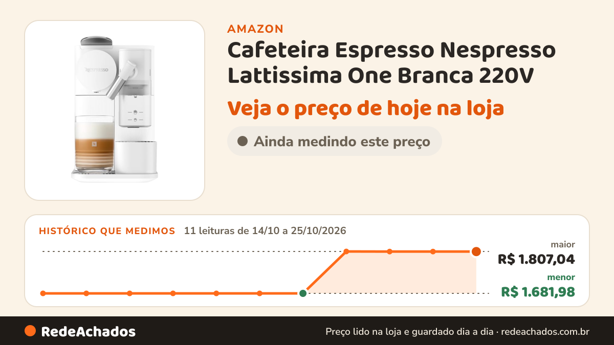 Histórico de preço de Cafeteira Espresso Nespresso Lattissima One Branca 220V na Amazon: 11 leituras de 14/10/2026 a 25/10/2026, menor R$ 1.681,98, maior R$ 1.807,04
