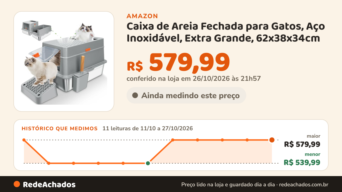Histórico de preço de Caixa de Areia Fechada para Gatos, Aço Inoxidável, Extra Grande, 62x38x34cm na Amazon: 11 leituras de 11/10/2026 a 27/10/2026, menor R$ 539,99, maior R$ 579,99; R$ 579,99 conferido em 26/10/2026 às 21h57
