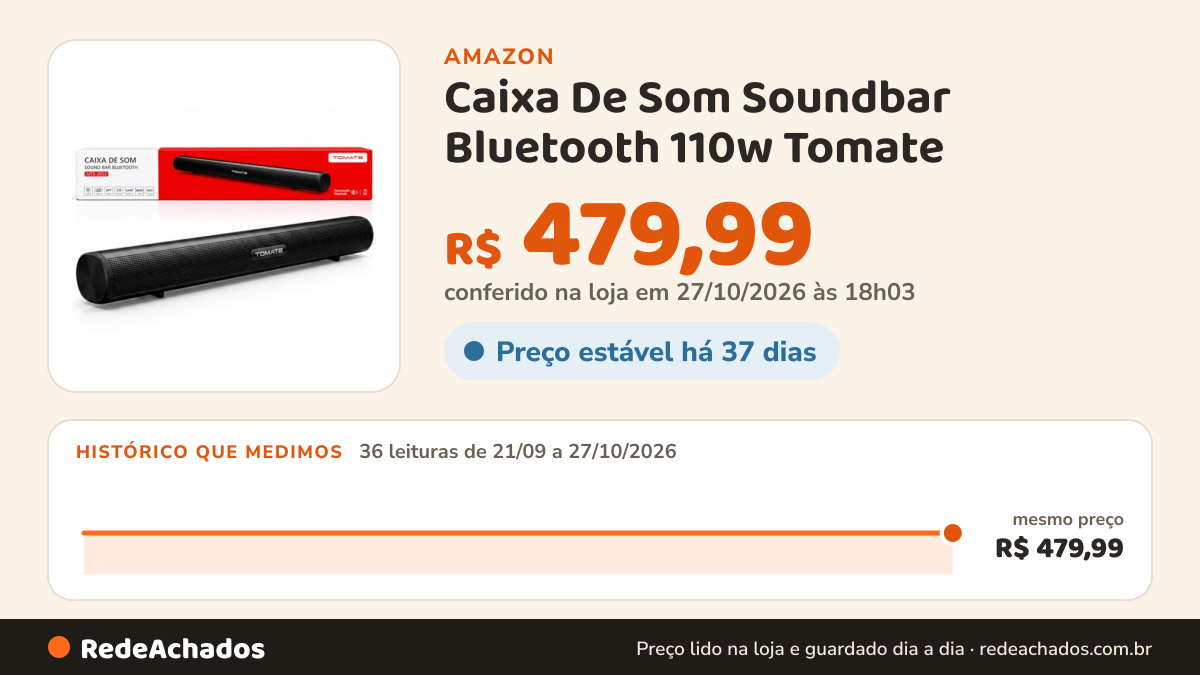 Histórico de preço de Caixa De Som Soundbar Bluetooth 110w Tomate na Amazon: 35 leituras de 21/09/2026 a 26/10/2026, mesmo preço, R$ 479,99, em todas; R$ 479,99 conferido em 26/10/2026 às 12h01