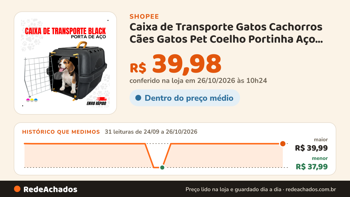 Histórico de preço de Caixa de Transporte Gatos Cachorros Cães Gatos Pet Coelho Portinha Aço Ferro N1 N2 N3… na Shopee: 30 leituras de 24/09/2026 a 25/10/2026, menor R$ 37,99, maior R$ 39,99; R$ 39,98 conferido em 25/10/2026 às 09h12