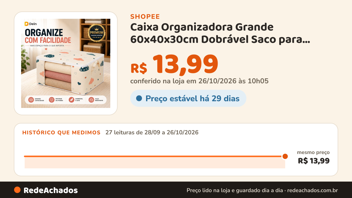 Histórico de preço de Caixa Organizadora Grande 60x40x30cm Dobrável Saco para Roupas Edredom Cobertor Bege Cinza na Shopee: 27 leituras de 28/09/2026 a 26/10/2026, mesmo preço, R$ 13,99, em todas; R$ 13,99 conferido em 26/10/2026 às 10h05