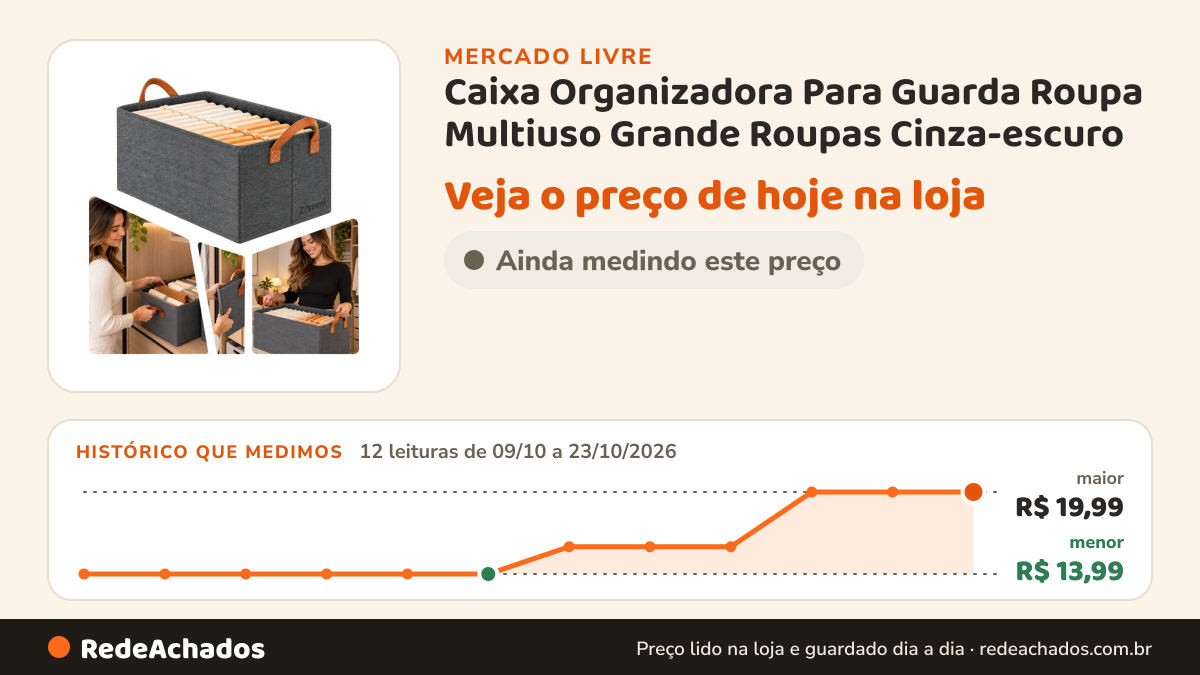 Histórico de preço de Caixa Organizadora Para Guarda Roupa Multiuso Grande Roupas Cinza-escuro no Mercado Livre: 12 leituras de 09/10/2026 a 23/10/2026, menor R$ 13,99, maior R$ 19,99