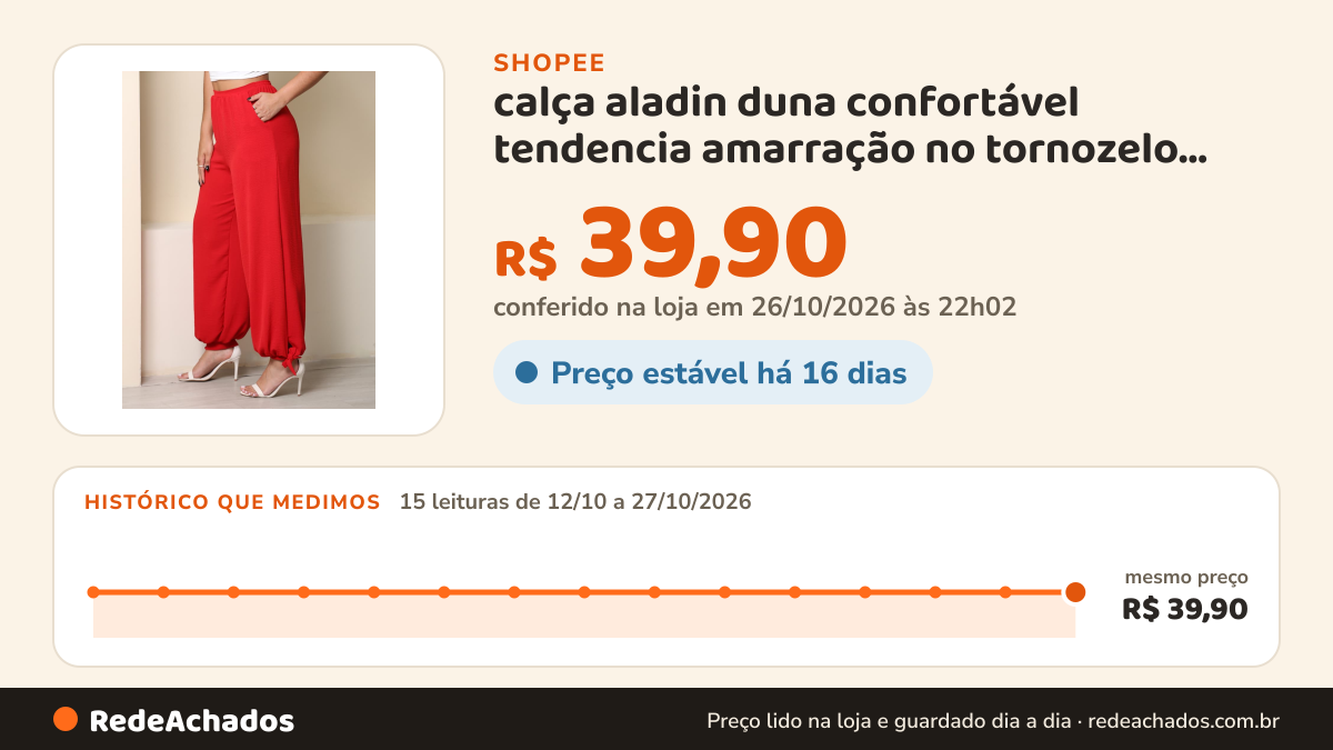 Histórico de preço de calça aladin duna confortável tendencia amarração no tornozelo moda blogueira na Shopee: 15 leituras de 12/10/2026 a 27/10/2026, mesmo preço, R$ 39,90, em todas; R$ 39,90 conferido em 26/10/2026 às 22h02