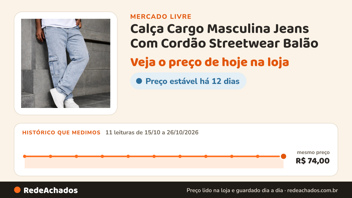 Histórico de preço de Calça Cargo Masculina Jeans Com Cordão Streetwear Balão no Mercado Livre: 11 leituras de 15/10/2026 a 26/10/2026, mesmo preço, R$ 74,00, em todas