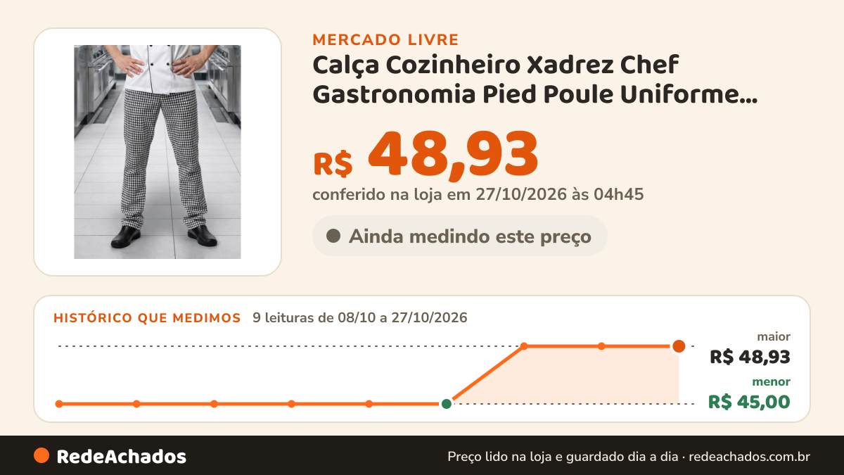 Histórico de preço de Calça Cozinheiro Xadrez Chef Gastronomia Pied Poule Uniforme Preto G no Mercado Livre: 9 leituras de 08/10/2026 a 27/10/2026, menor R$ 45,00, maior R$ 48,93; R$ 48,93 conferido em 27/10/2026 às 04h45