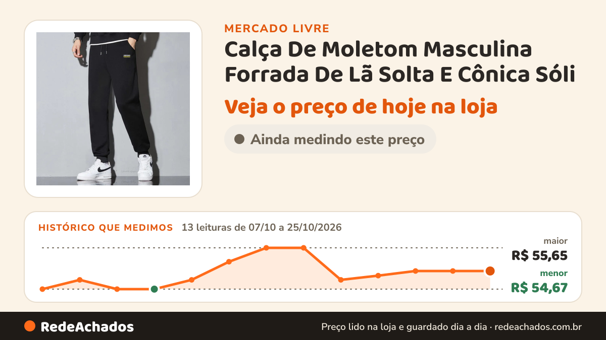 Histórico de preço de Calça De Moletom Masculina Forrada De Lã Solta E Cônica Sóli no Mercado Livre: 13 leituras de 07/10/2026 a 25/10/2026, menor R$ 54,67, maior R$ 55,65