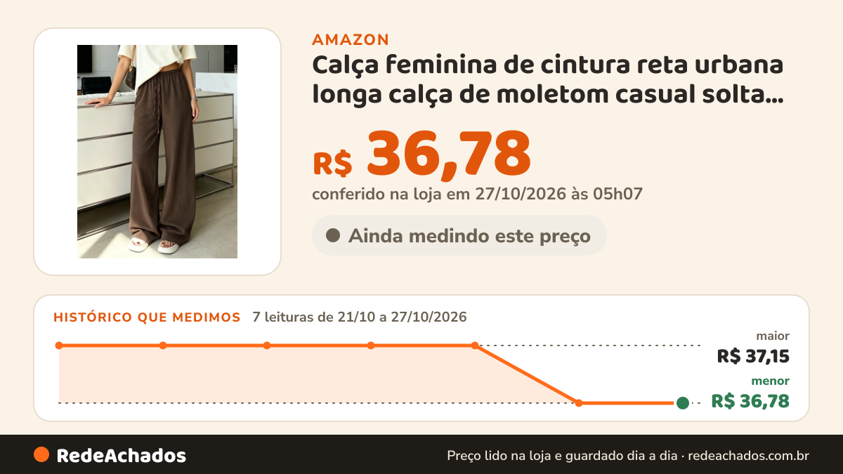 Histórico de preço de Calça feminina de cintura reta urbana longa calça de moletom casual solta folgada para… na Amazon: 7 leituras de 21/10/2026 a 27/10/2026, menor R$ 36,78, maior R$ 37,15; R$ 36,78 conferido em 27/10/2026 às 05h07