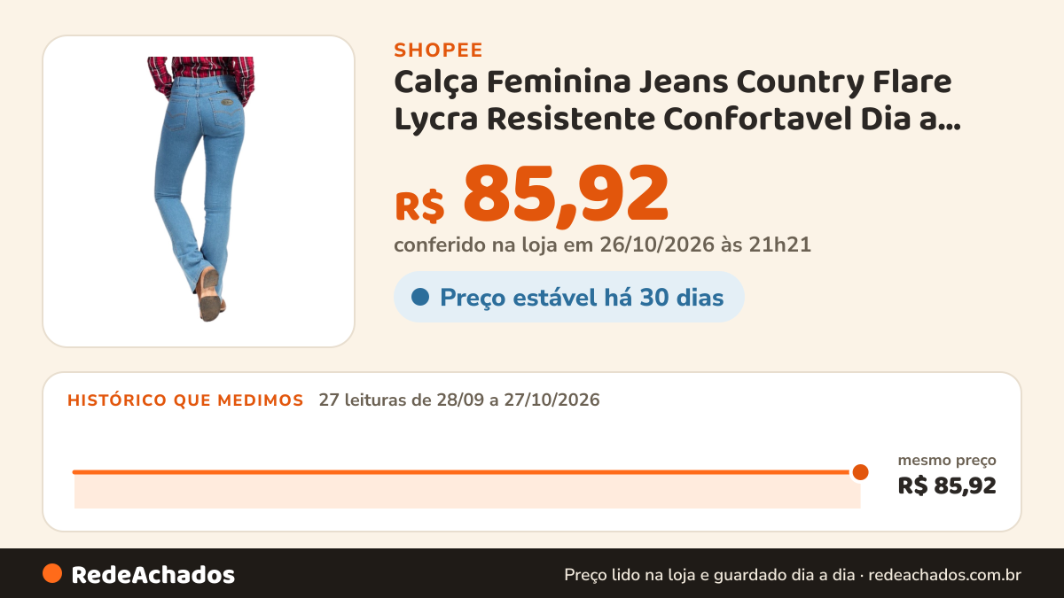Histórico de preço de Calça Feminina Jeans Country Flare Lycra Resistente Confortavel Dia a Dia ref. 1228 na Shopee: 27 leituras de 28/09/2026 a 27/10/2026, mesmo preço, R$ 85,92, em todas; R$ 85,92 conferido em 26/10/2026 às 21h21