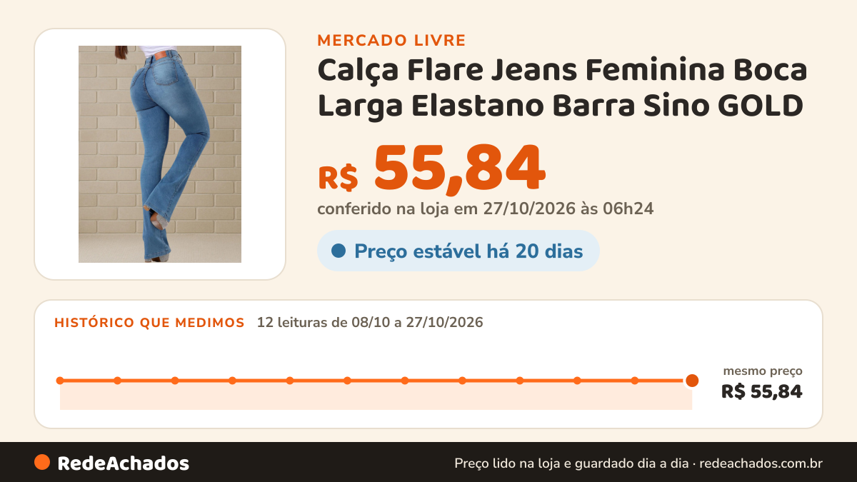Histórico de preço de Calça Flare Jeans Feminina Boca Larga Elastano Barra Sino GOLD no Mercado Livre: 12 leituras de 08/10/2026 a 27/10/2026, mesmo preço, R$ 55,84, em todas; R$ 55,84 conferido em 27/10/2026 às 06h24