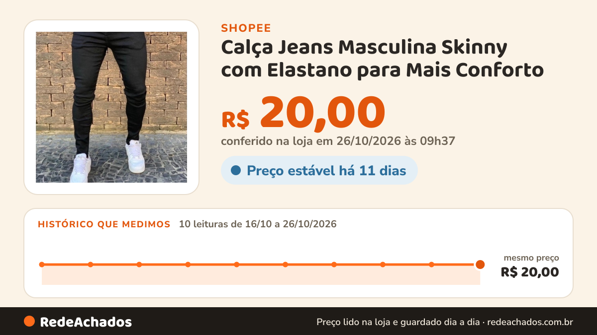 Histórico de preço de Calça Jeans Masculina Skinny com Elastano para Mais Conforto na Shopee: 10 leituras de 16/10/2026 a 26/10/2026, mesmo preço, R$ 20,00, em todas; R$ 20,00 conferido em 26/10/2026 às 09h37