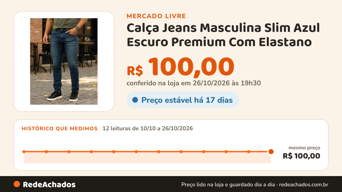 Histórico de preço de Calça Jeans Masculina Slim Azul Escuro Premium Com Elastano no Mercado Livre: 12 leituras de 10/10/2026 a 26/10/2026, mesmo preço, R$ 100,00, em todas; R$ 100,00 conferido em 26/10/2026 às 19h30