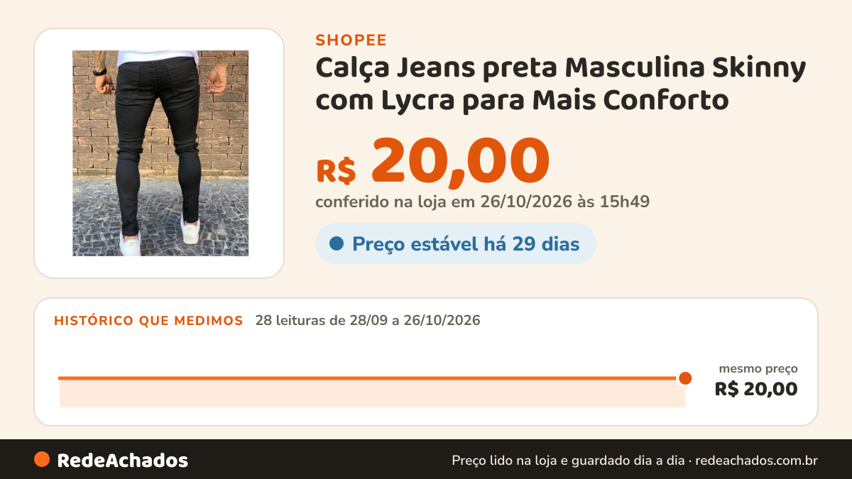 Histórico de preço de Calça Jeans preta Masculina Skinny com Lycra para Mais Conforto na Shopee: 28 leituras de 28/09/2026 a 26/10/2026, mesmo preço, R$ 20,00, em todas; R$ 20,00 conferido em 26/10/2026 às 15h49