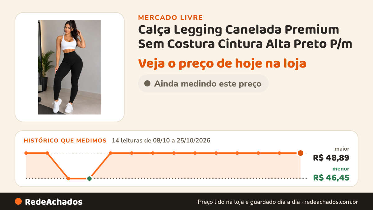 Histórico de preço de Calça Legging Canelada Premium Sem Costura Cintura Alta Preto P/m no Mercado Livre: 14 leituras de 08/10/2026 a 25/10/2026, menor R$ 46,45, maior R$ 48,89
