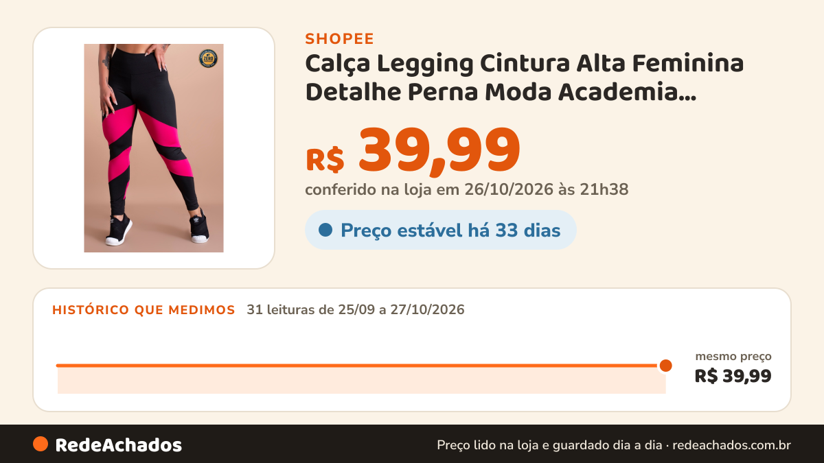 Histórico de preço de Calça Legging Cintura Alta Feminina Detalhe Perna Moda Academia Fitness ZERO TRANSPARÊNCIA na Shopee: 31 leituras de 25/09/2026 a 27/10/2026, mesmo preço, R$ 39,99, em todas; R$ 39,99 conferido em 26/10/2026 às 21h38