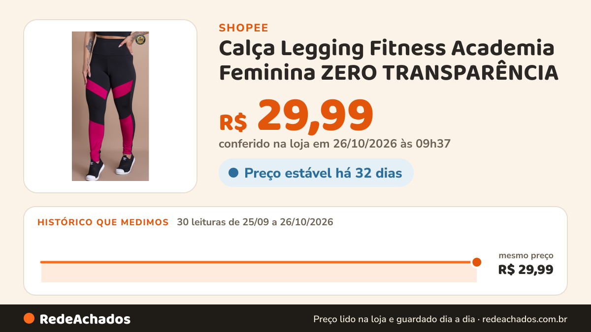 Histórico de preço de Calça Legging Fitness Academia Feminina ZERO TRANSPARÊNCIA na Shopee: 30 leituras de 25/09/2026 a 26/10/2026, mesmo preço, R$ 29,99, em todas; R$ 29,99 conferido em 26/10/2026 às 09h37