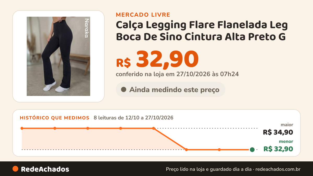 Histórico de preço de Calça Legging Flare Flanelada Leg Boca De Sino Cintura Alta Preto G no Mercado Livre: 7 leituras de 12/10/2026 a 26/10/2026, menor R$ 32,90, maior R$ 34,90; R$ 32,90 conferido em 26/10/2026 às 15h01