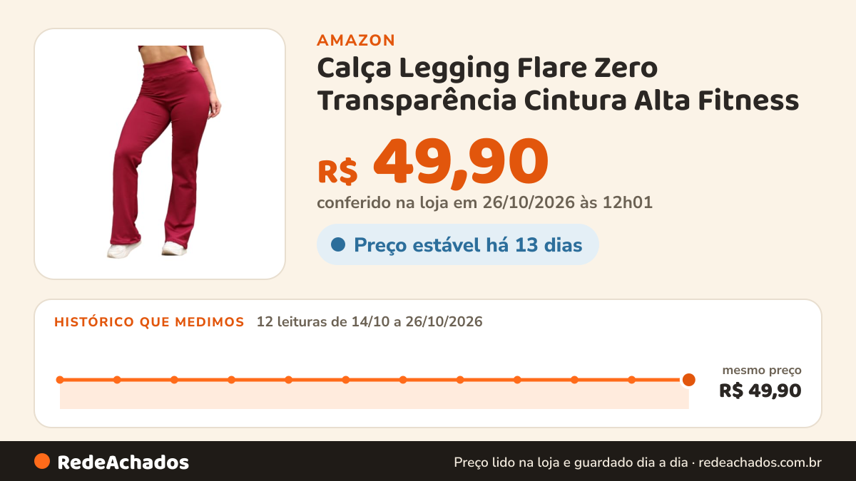 Histórico de preço de Calça Legging Flare Zero Transparência Cintura Alta Fitness na Amazon: 12 leituras de 14/10/2026 a 26/10/2026, mesmo preço, R$ 49,90, em todas; R$ 49,90 conferido em 26/10/2026 às 12h01