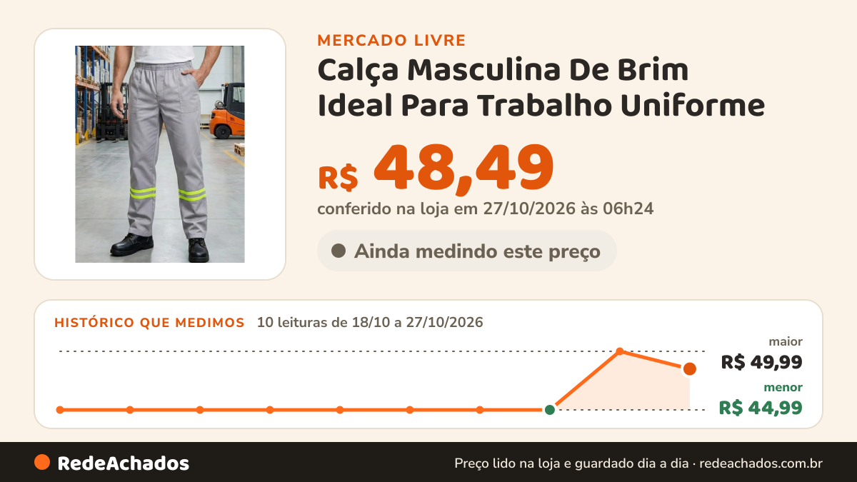 Histórico de preço de Calça Masculina De Brim Ideal Para Trabalho Uniforme no Mercado Livre: 10 leituras de 18/10/2026 a 27/10/2026, menor R$ 44,99, maior R$ 49,99; R$ 48,49 conferido em 27/10/2026 às 06h24