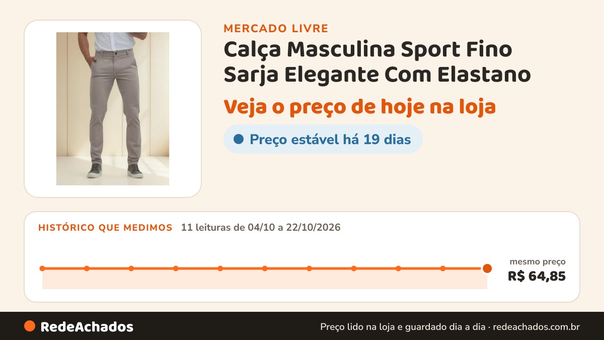 Histórico de preço de Calça Masculina Sport Fino Sarja Elegante Com Elastano no Mercado Livre: 11 leituras de 04/10/2026 a 22/10/2026, mesmo preço, R$ 64,85, em todas