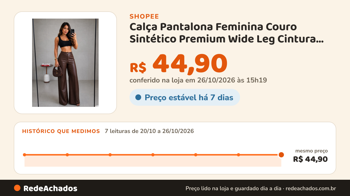 Histórico de preço de Calça Pantalona Feminina Couro Sintético Premium Wide Leg Cintura Alta na Shopee: 7 leituras de 20/10/2026 a 26/10/2026, mesmo preço, R$ 44,90, em todas; R$ 44,90 conferido em 26/10/2026 às 15h19