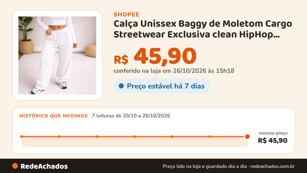 Histórico de preço de Calça Unissex Baggy de Moletom Cargo Streetwear Exclusiva clean HipHop premium Wide Leg… na Shopee: 7 leituras de 20/10/2026 a 26/10/2026, mesmo preço, R$ 45,90, em todas; R$ 45,90 conferido em 26/10/2026 às 15h18