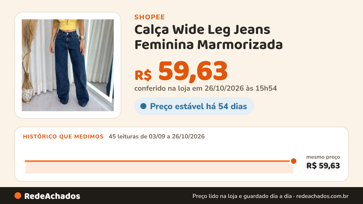 Histórico de preço de Calça Wide Leg Jeans Feminina Marmorizada na Shopee: 45 leituras de 03/09/2026 a 26/10/2026, mesmo preço, R$ 59,63, em todas; R$ 59,63 conferido em 26/10/2026 às 15h54