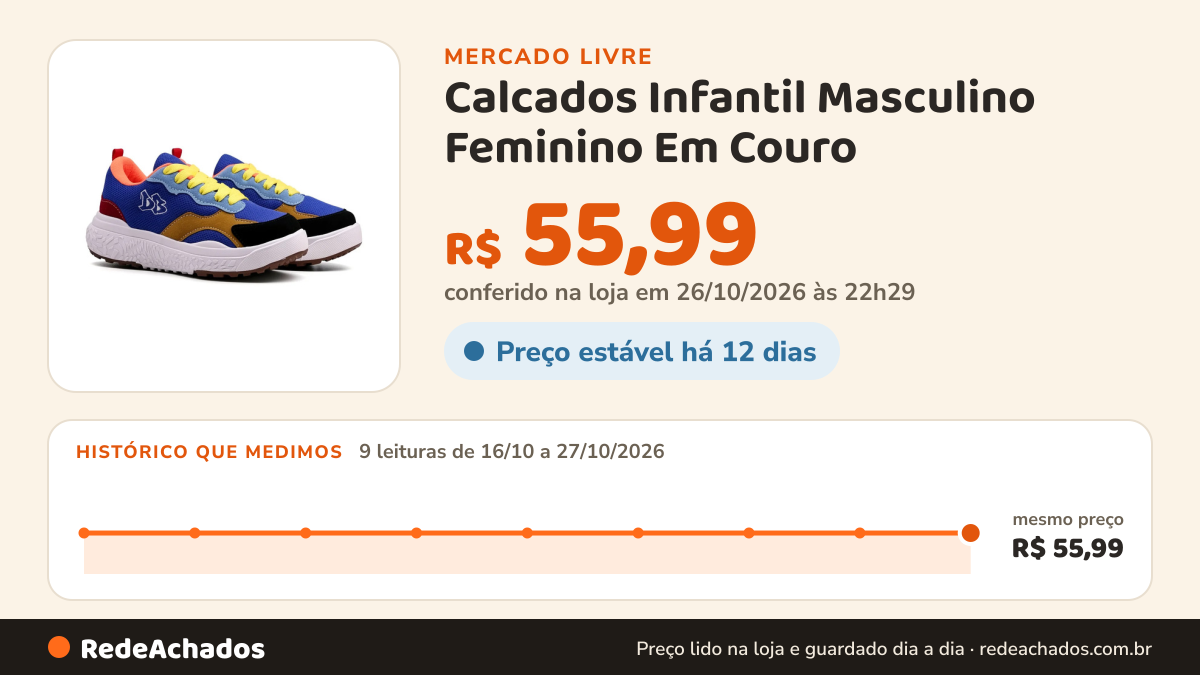 Histórico de preço de Calcados Infantil Masculino Feminino Em Couro no Mercado Livre: 9 leituras de 16/10/2026 a 27/10/2026, mesmo preço, R$ 55,99, em todas; R$ 55,99 conferido em 26/10/2026 às 22h29