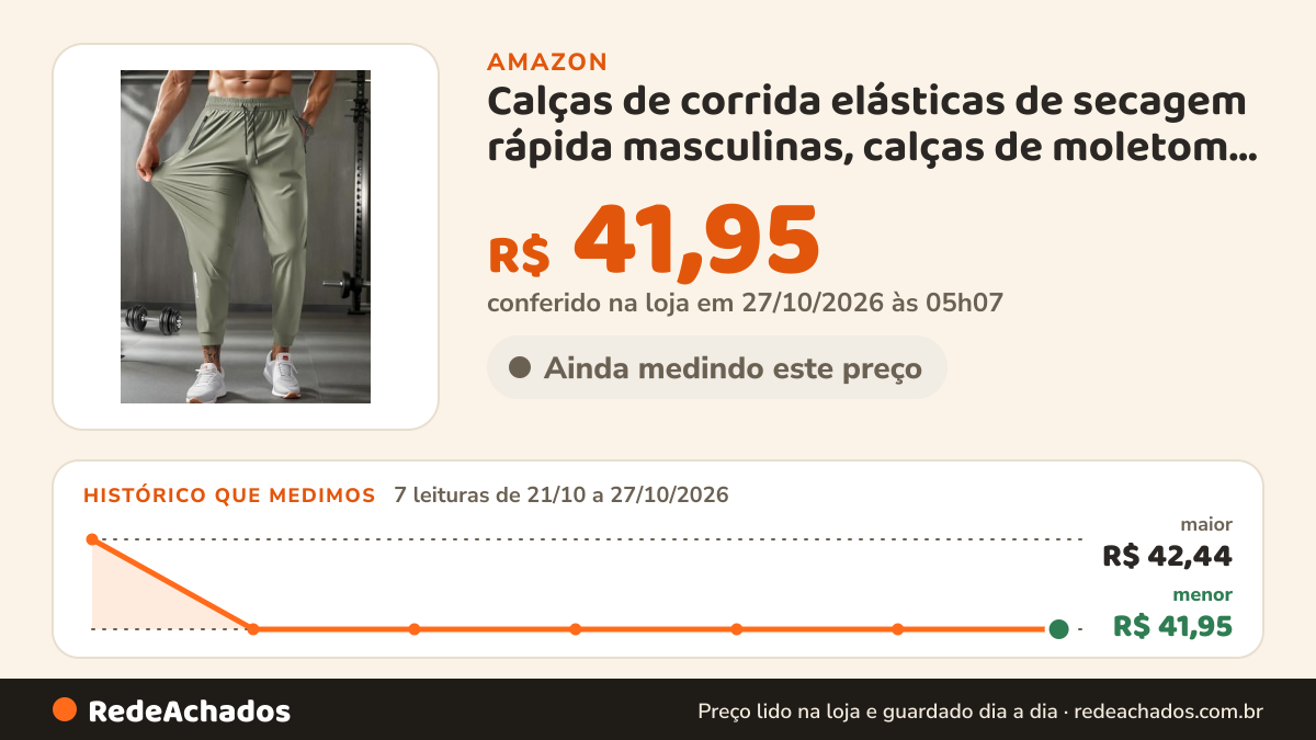 Histórico de preço de Calças de corrida elásticas de secagem rápida masculinas, calças de moletom com bolso e… na Amazon: 7 leituras de 21/10/2026 a 27/10/2026, menor R$ 41,95, maior R$ 42,44; R$ 41,95 conferido em 27/10/2026 às 05h07