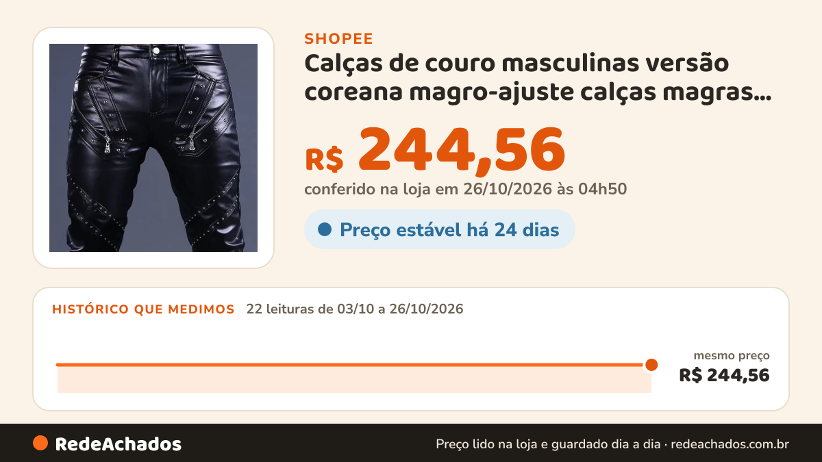Histórico de preço de Calças de couro masculinas versão coreana magro-ajuste calças magras ciclismo desempenho… na Shopee: 22 leituras de 03/10/2026 a 26/10/2026, mesmo preço, R$ 244,56, em todas; R$ 244,56 conferido em 26/10/2026 às 04h50
