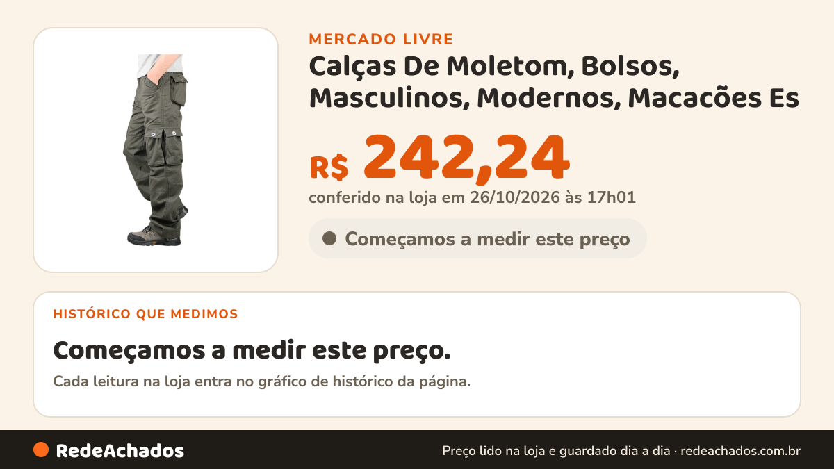 Histórico de preço de Calças De Moletom, Bolsos, Masculinos, Modernos, Macacões Es no Mercado Livre: 9 leituras de 25/09/2026 a 07/10/2026, menor R$ 185,69, maior R$ 210,73