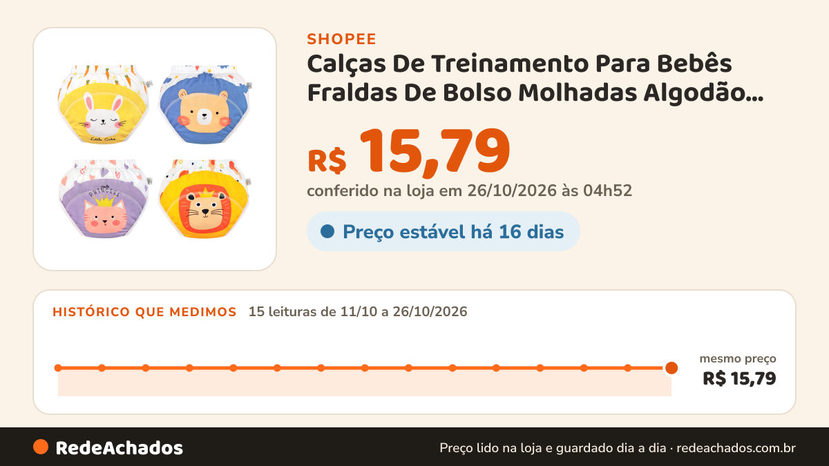 Histórico de preço de Calças De Treinamento Para Bebês Fraldas De Bolso Molhadas Algodão Puro na Shopee: 15 leituras de 11/10/2026 a 26/10/2026, mesmo preço, R$ 15,79, em todas; R$ 15,79 conferido em 26/10/2026 às 04h52