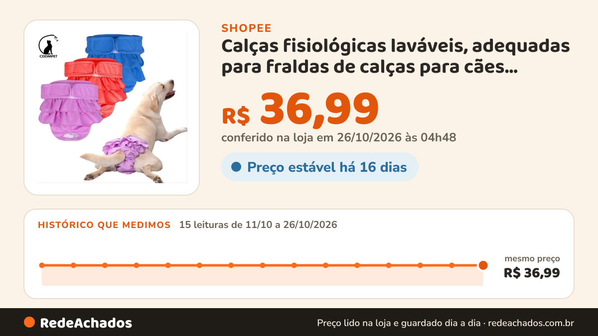 Histórico de preço de Calças fisiológicas laváveis, adequadas para fraldas de calças para cães pequenos e… na Shopee: 15 leituras de 11/10/2026 a 26/10/2026, mesmo preço, R$ 36,99, em todas; R$ 36,99 conferido em 26/10/2026 às 04h48
