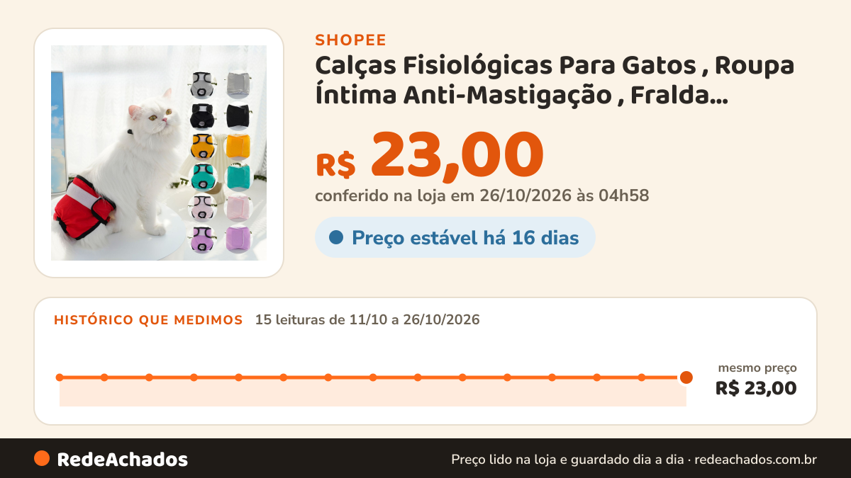 Histórico de preço de Calças Fisiológicas Para Gatos , Roupa Íntima Anti-Mastigação , Fralda Sanitária De… na Shopee: 15 leituras de 11/10/2026 a 26/10/2026, mesmo preço, R$ 23,00, em todas; R$ 23,00 conferido em 26/10/2026 às 04h58
